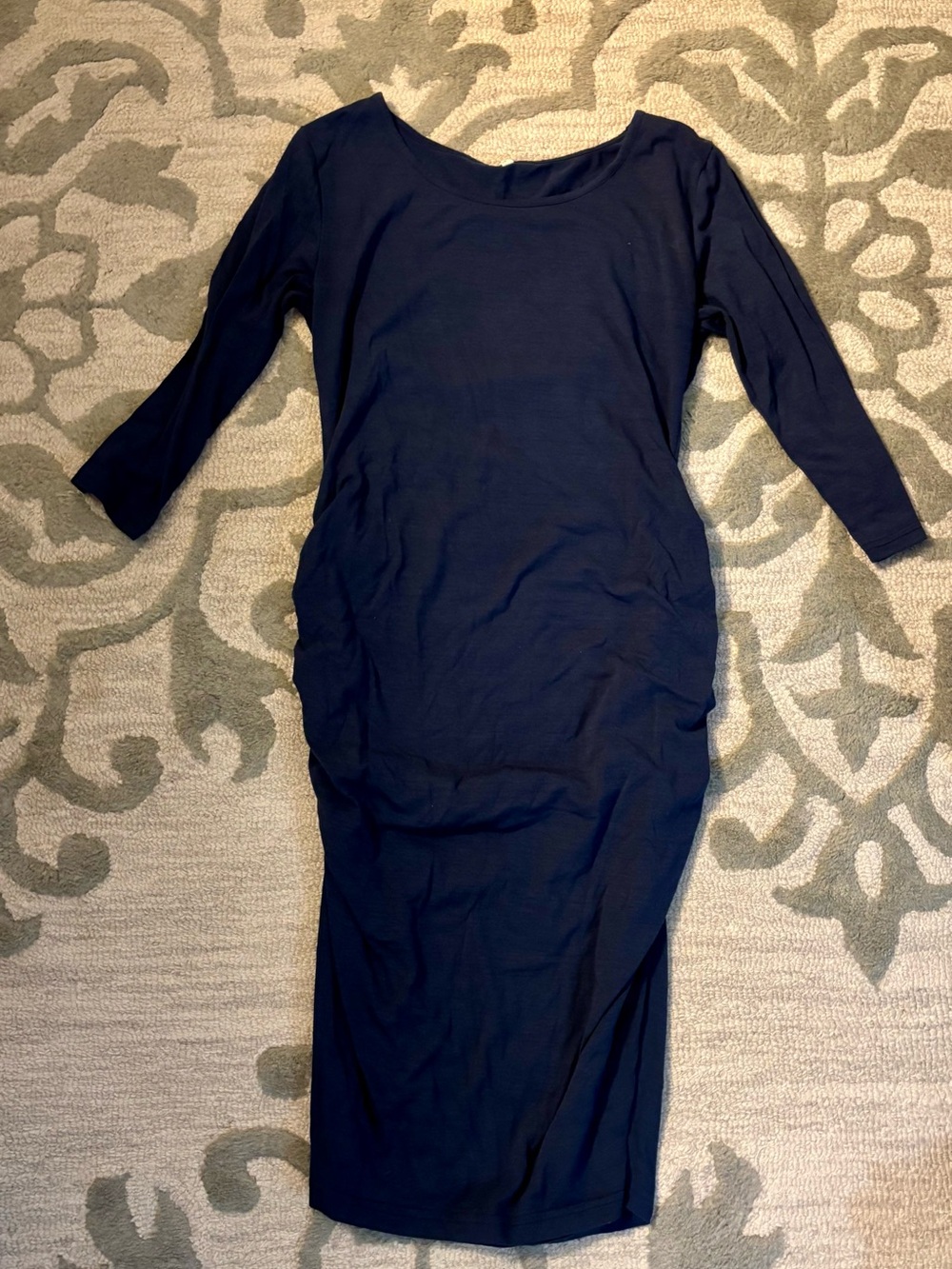 Women’s 3/4 Sleeve Navy Maternity Midi Dress - Sleek Scoop Neck